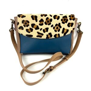 Soruka Crossbody Bag‎ Blue Leopard Pront Calf Hair Leather Handbag Purse New